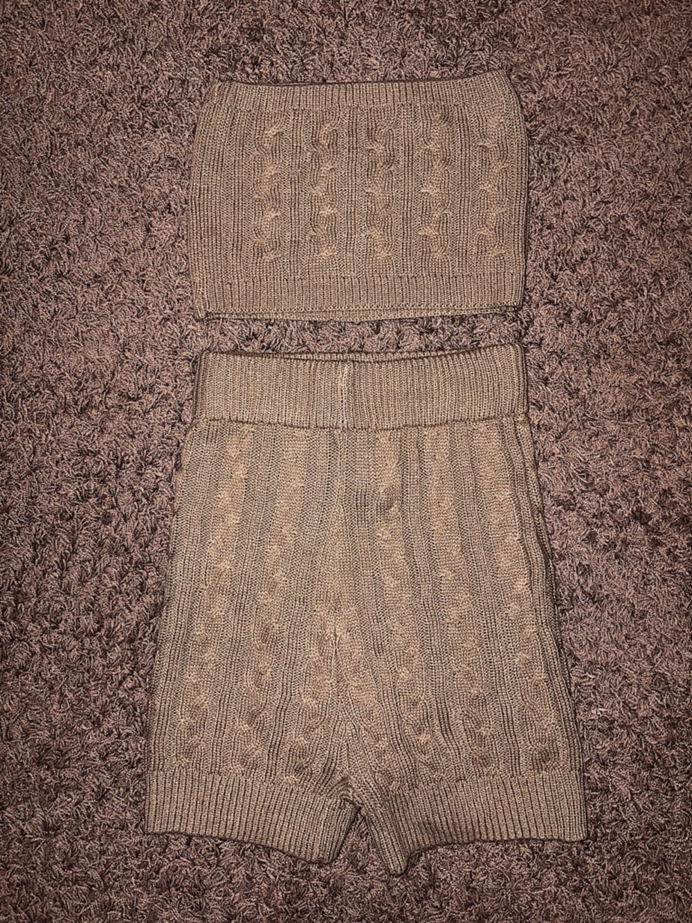 New!! Taupe Knit Cable Two-Piece Tube Top & High-Waist Shorts Set